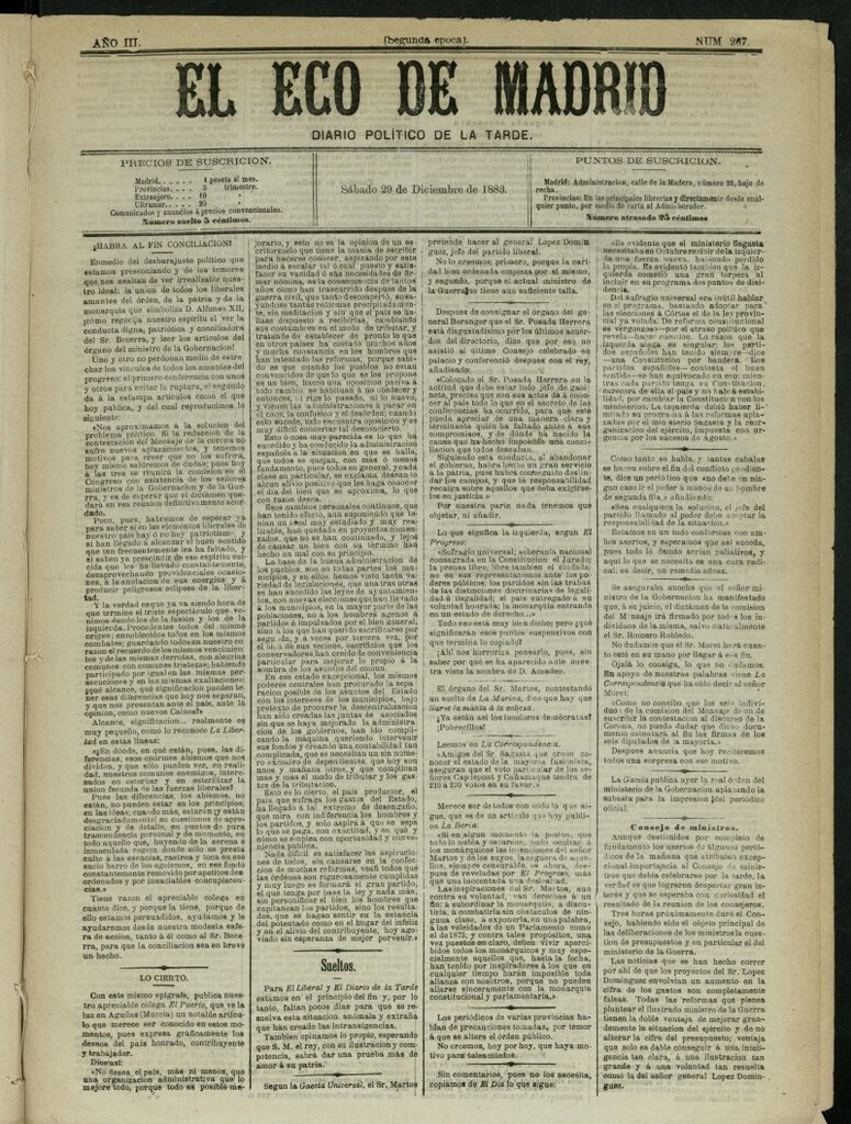 Miniatura de El Eco de Madrid : diario político de la tarde del 29 de diciembre de 1883, nº 267