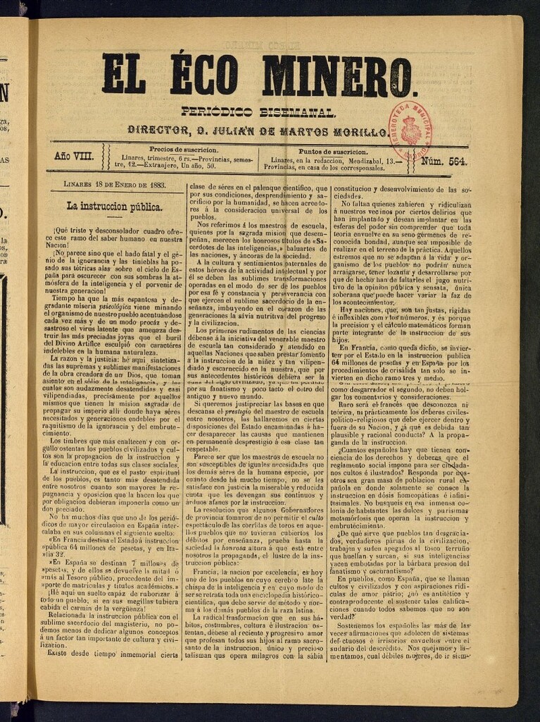 Miniatura de El Eco Minero : periódico bisemanal del 18 de enero de 1883, nº 564