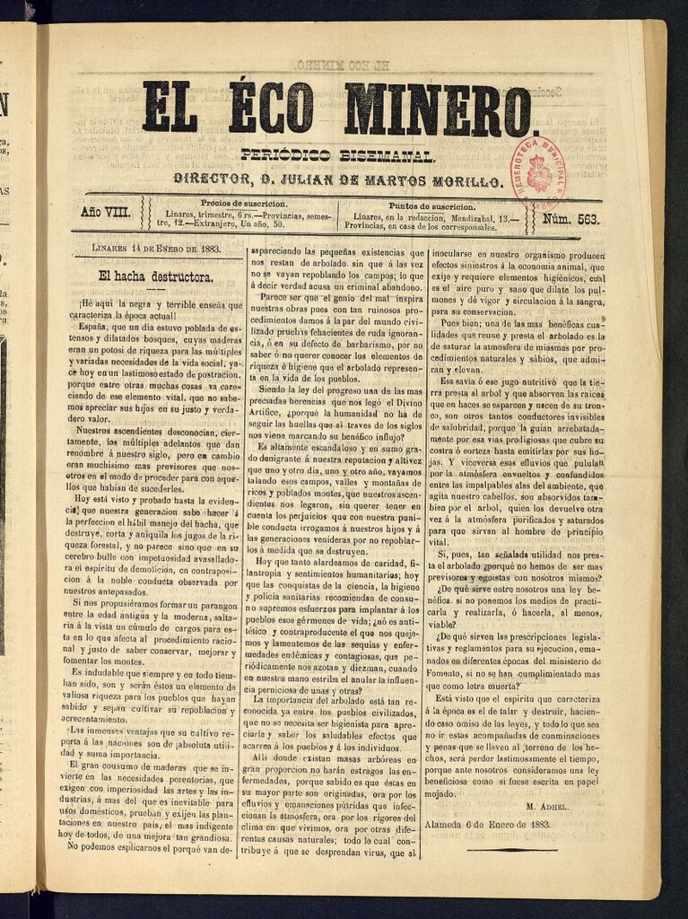 Miniatura de El Eco Minero : periódico bisemanal del 14 de enero de 1883, nº 563
