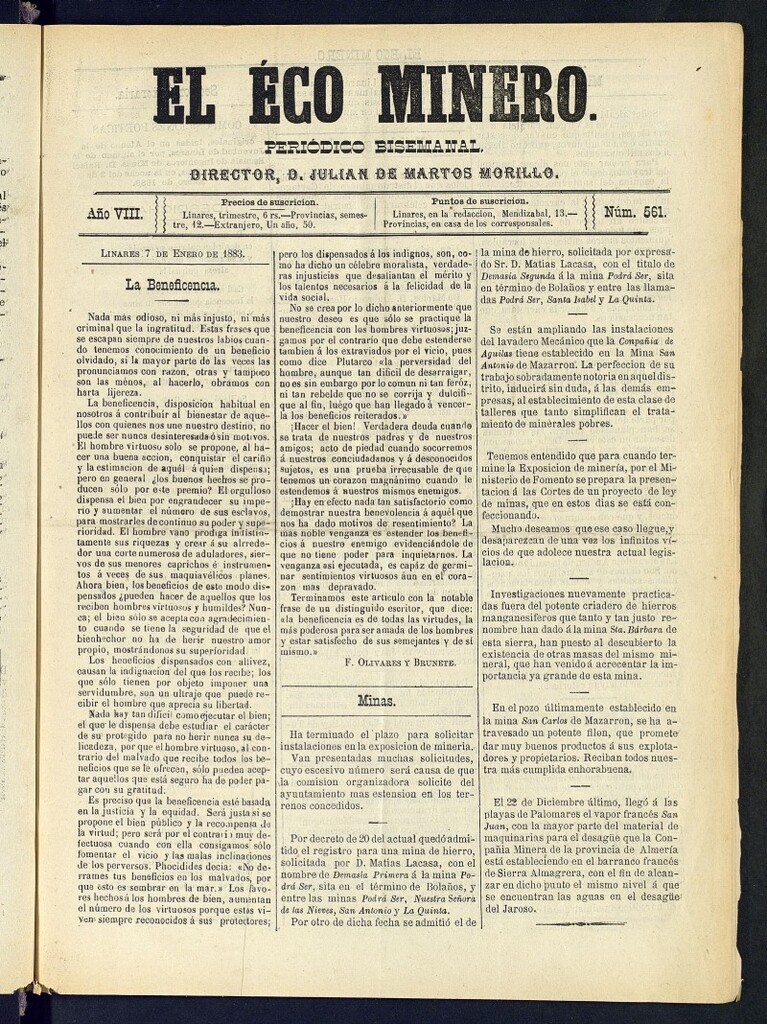 Miniatura de El Eco Minero : periódico bisemanal del 7 de enero de 1883, nº 561