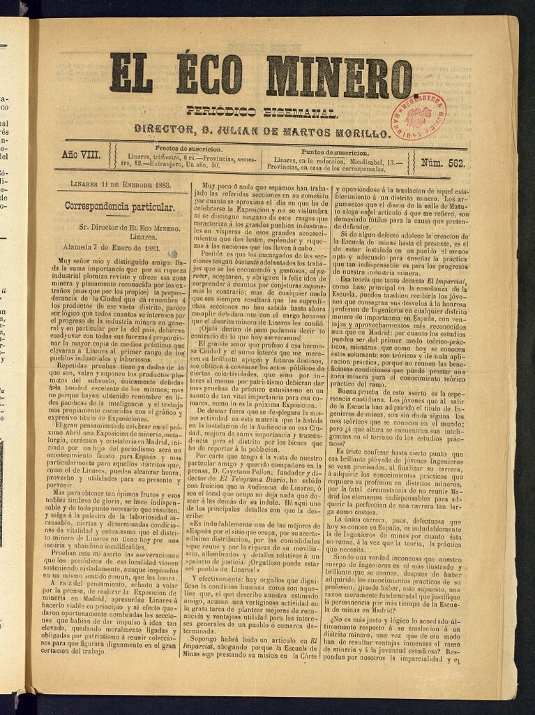 Miniatura de El Eco Minero : periódico bisemanal del 11 de enero de 1883, nº562