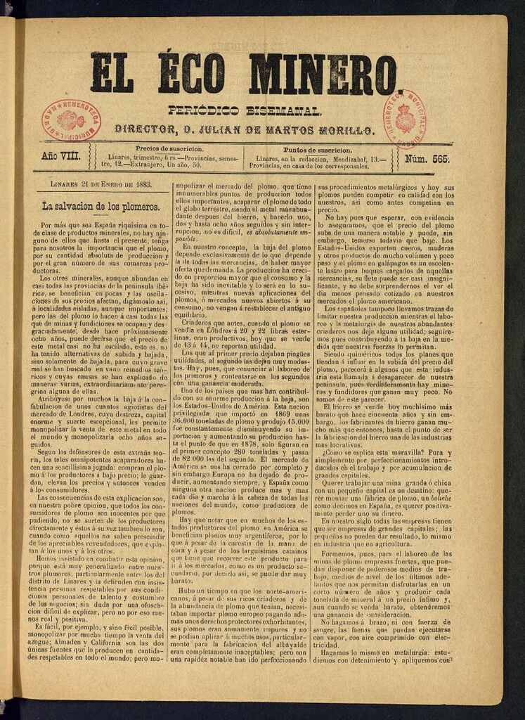 Miniatura de El Eco Minero : periódico bisemanal del 21 de enero de 1883, nº 565