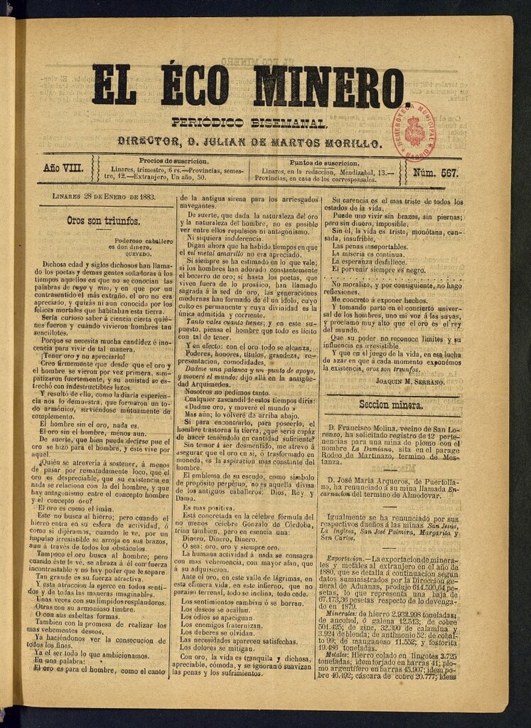 Miniatura de El Eco Minero : periódico bisemanal del 28 de enero de 1883, nº 567