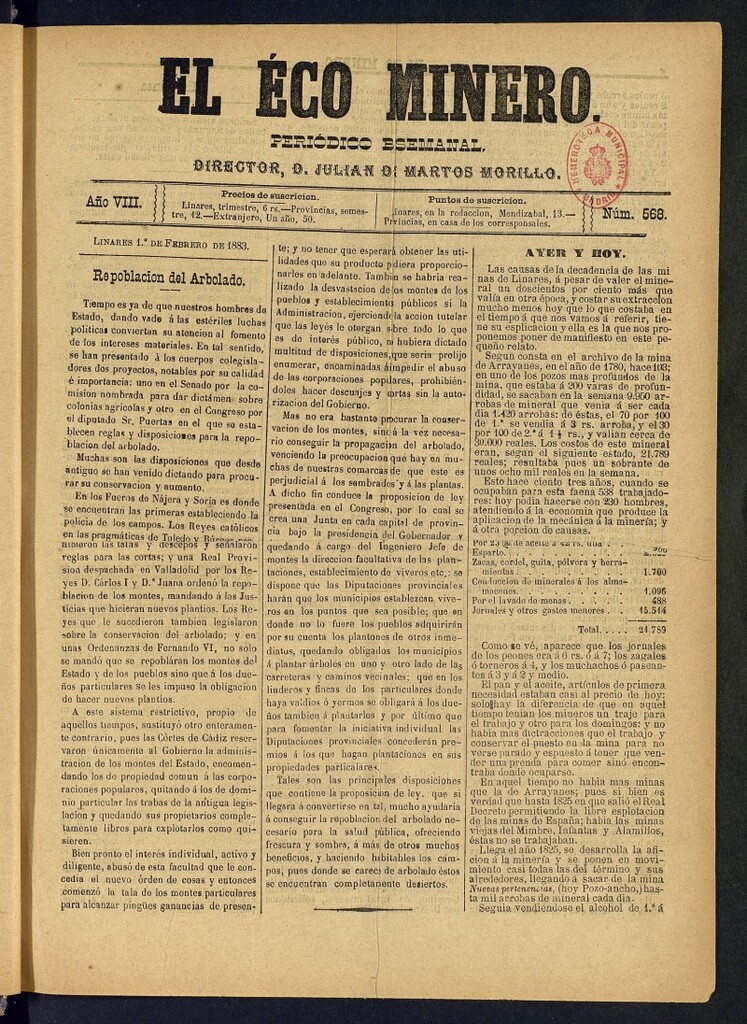 Miniatura de El Eco Minero : periódico bisemanal del 1 de febrero de 1883, nº 568