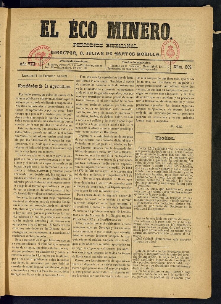 Miniatura de El Eco Minero : periódico bisemanal del 4 de febrero de 1883, nº 569