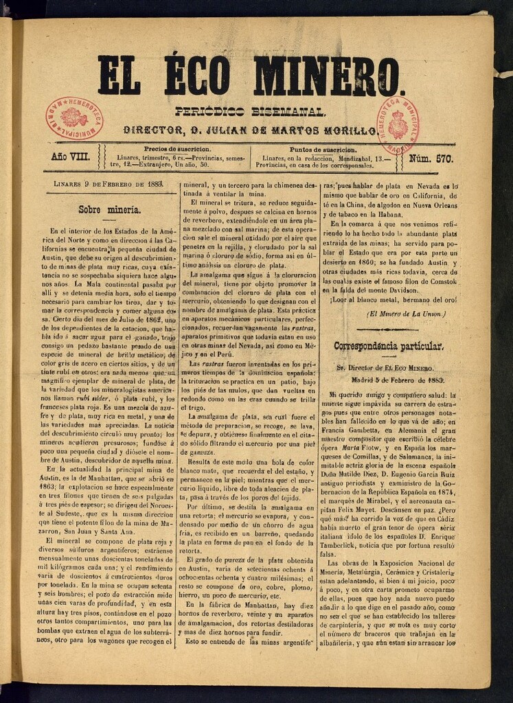 Miniatura de El Eco Minero : periódico bisemanal del 9 de febrero de 1883, nº 570