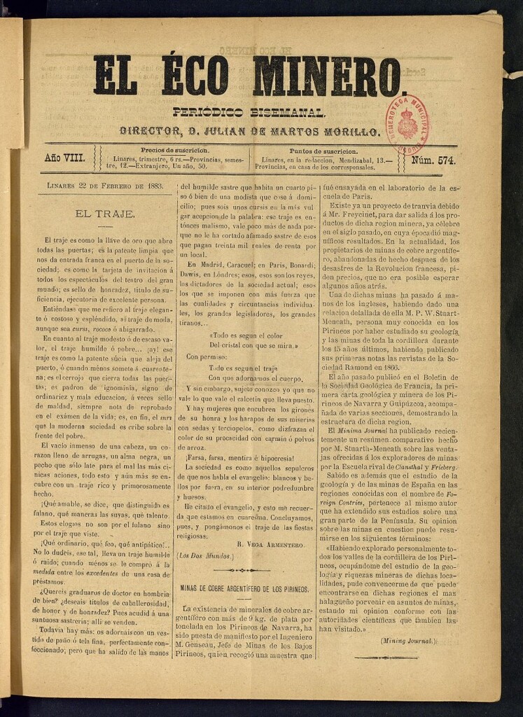 Miniatura de El Eco Minero : periódico bisemanal del 22 de febrero de 1883, nº 574