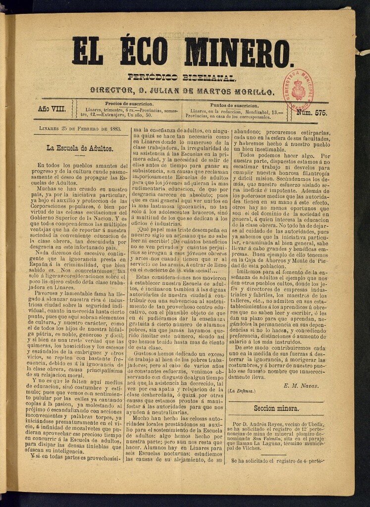 Miniatura de El Eco Minero : periódico bisemanal del 25 de febrero de 1883, nº 575