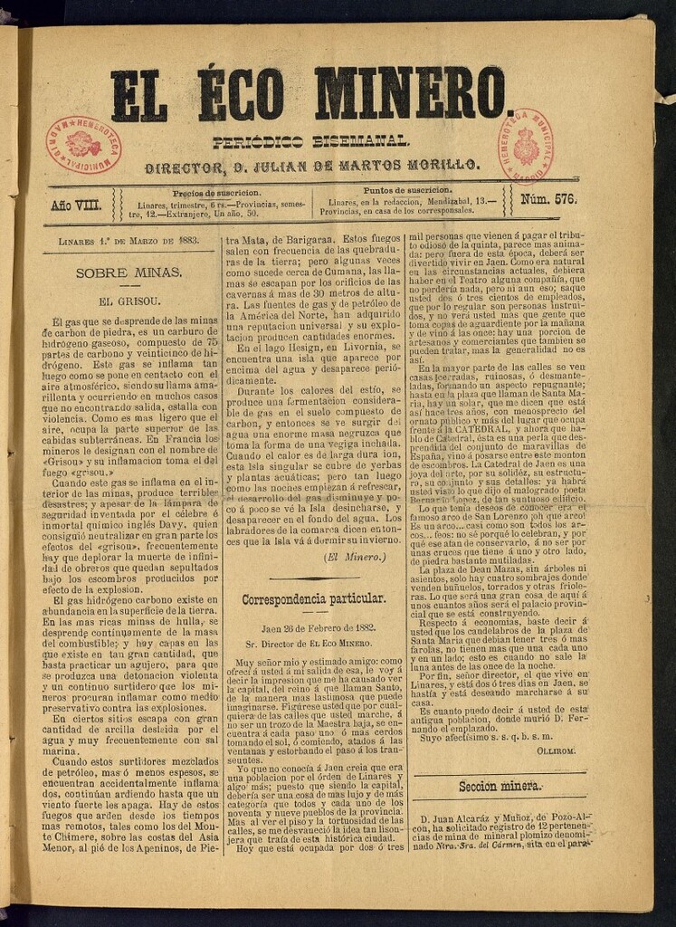 Miniatura de El Eco Minero : periódico bisemanal , de 1 de marzo de 1883, nº 576