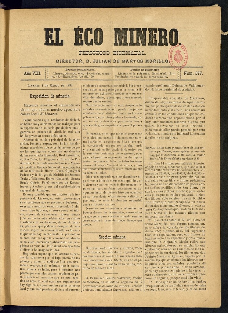 Miniatura de El Eco Minero : periódico bisemanal del 4 de marzo de 1883, nº 577