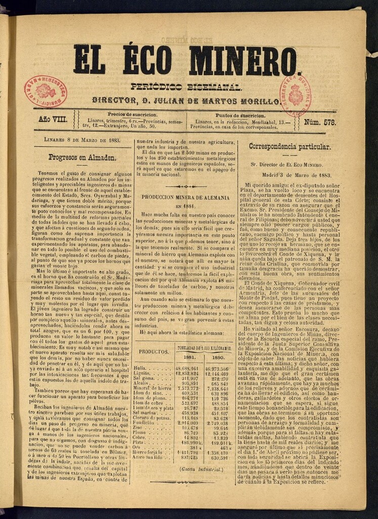 Miniatura de El Eco Minero : periódico bisemanal del 8 de marzo de 1883, nº 578