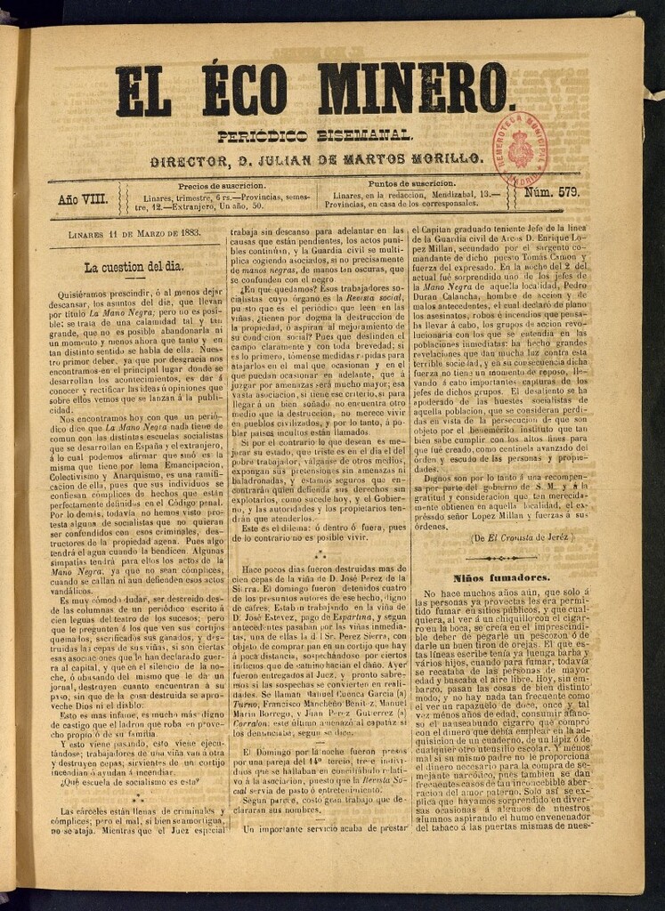 Miniatura de El Eco Minero : periódico bisemanal del 11 de marzo de 1883, nº 579