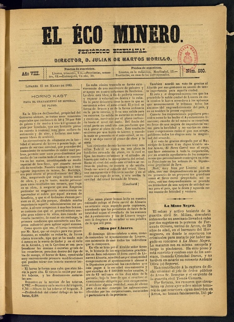 Miniatura de El Eco Minero : periódico bisemanal del 15 de marzo de 1883, nº 580
