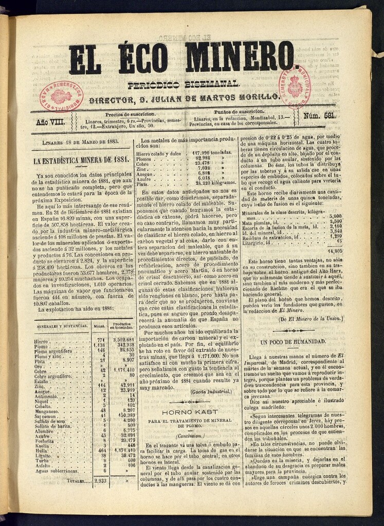 Miniatura de El Eco Minero : periódico bisemanal del 18 de marzo de 1883, nº 581