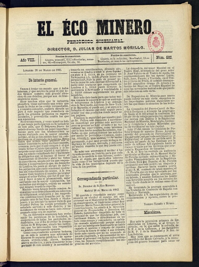 Miniatura de El Eco Minero : periódico bisemanal del 22 de marzo de 1883, nº 582