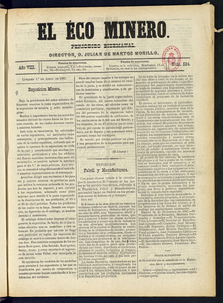 Miniatura de El Eco Minero : periódico bisemanal del 1 de abril de 1883, nº 584
