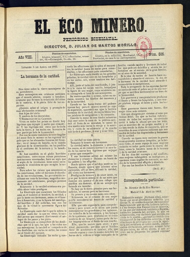 Miniatura de El Eco Minero : periódico bisemanal del 5 de abril de 1883, nº 585