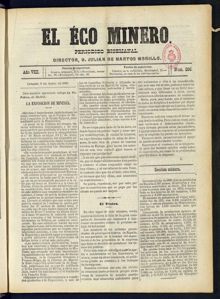 Miniatura de El Eco Minero : periódico bisemanal del 8 de abril de 1883, nº 586