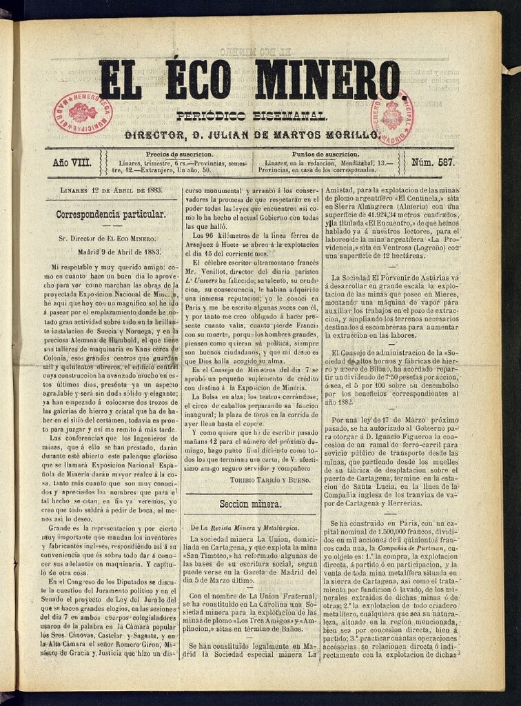 Miniatura de El Eco Minero : periódico bisemanal del 12 de abril de 1883, nº 587