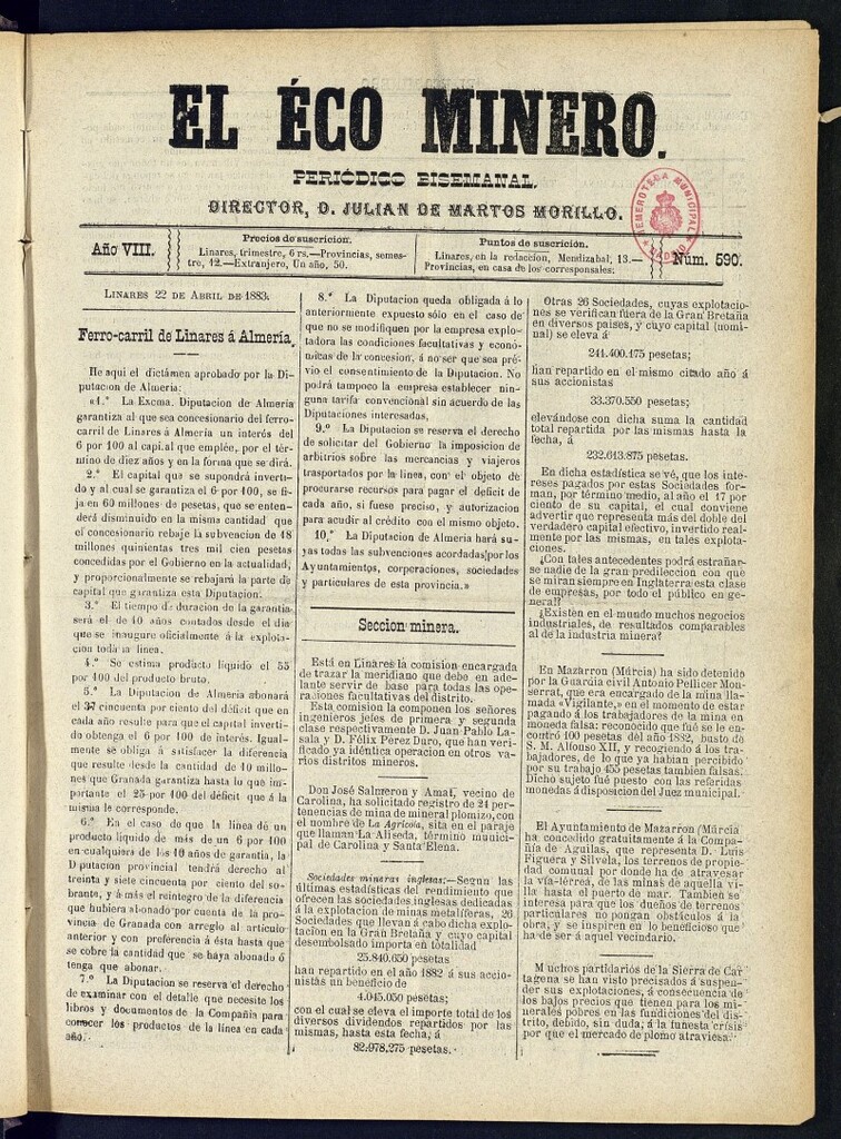 Miniatura de El Eco Minero : periódico bisemanal del 22 de abril de 1883, nº 590