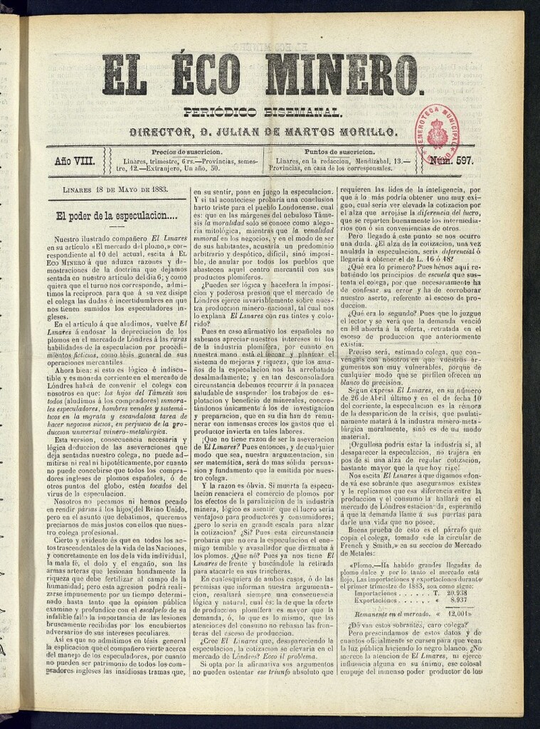 Miniatura de El Eco Minero : periódico bisemanal del 18 de mayo de 1883, nº 597