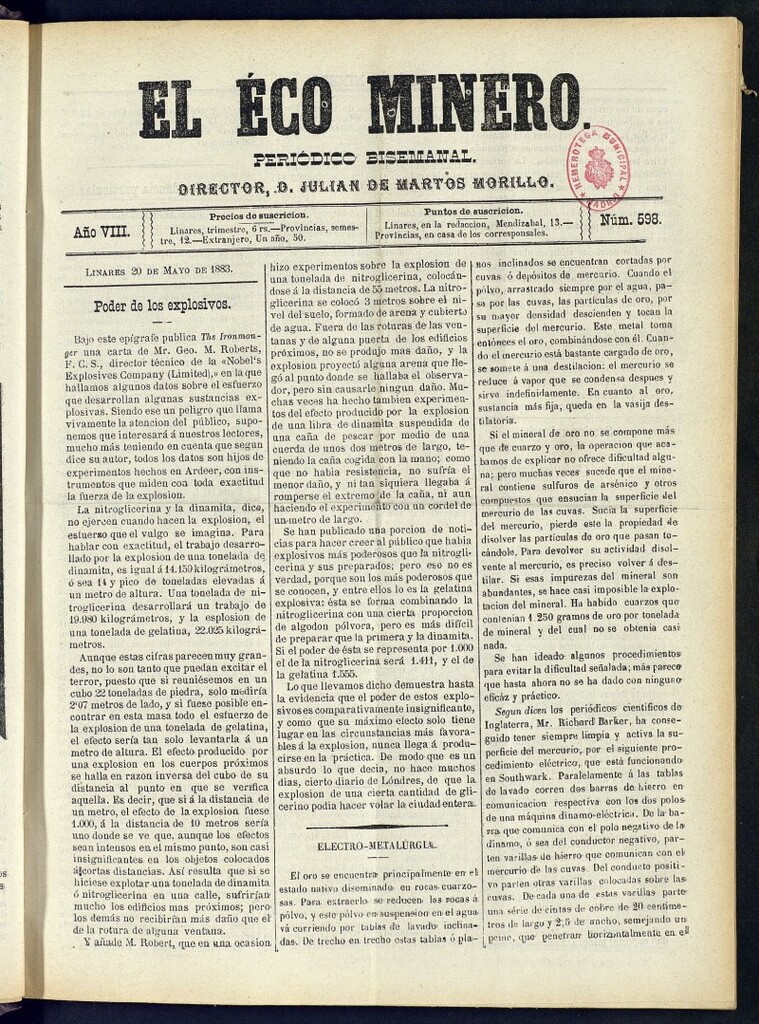 Miniatura de El Eco Minero : periódico bisemanal del 20 de mayo de 1883, nº 598
