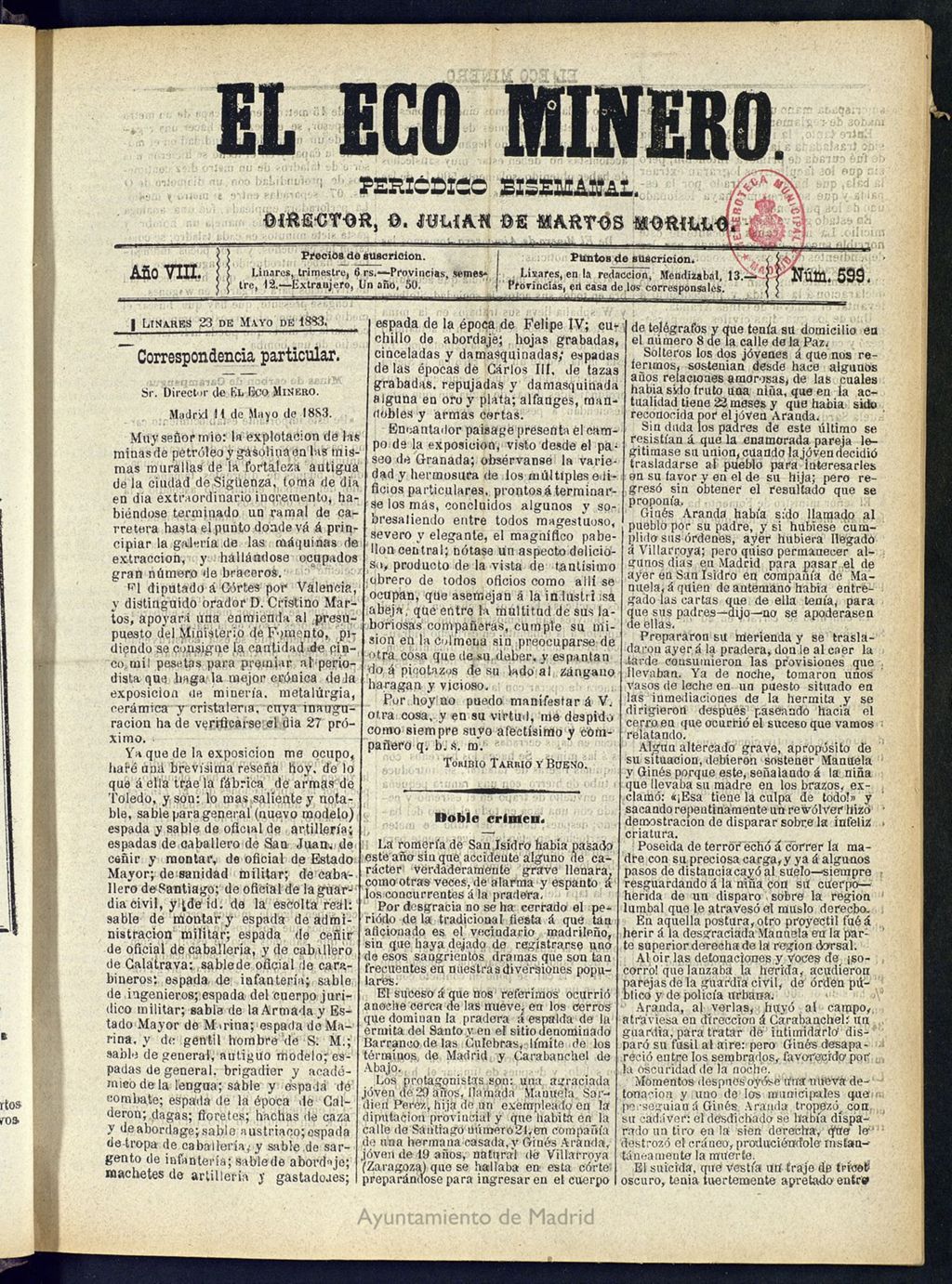 Miniatura de El Eco Minero : periódico bisemanal del 23 de mayo de 1883, nº 599