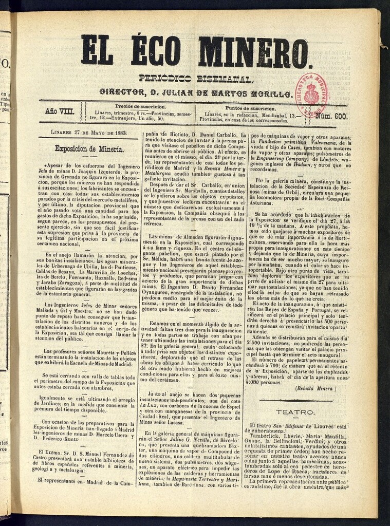 Miniatura de El Eco Minero : periódico bisemanal del 27 de mayo de 1883, nº 600
