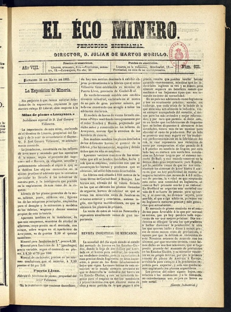 Miniatura de El Eco Minero : periódico bisemanal del 31 de mayo de 1883, nº 601