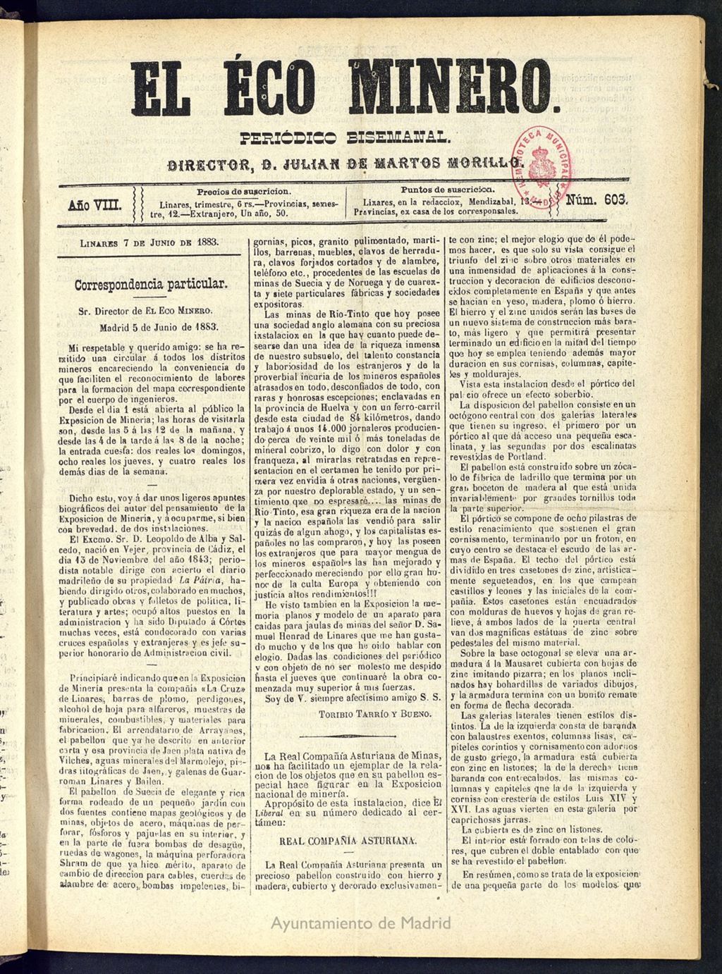 Miniatura de El Eco Minero : periódico bisemanal del 7 de junio de 1883, nº 603