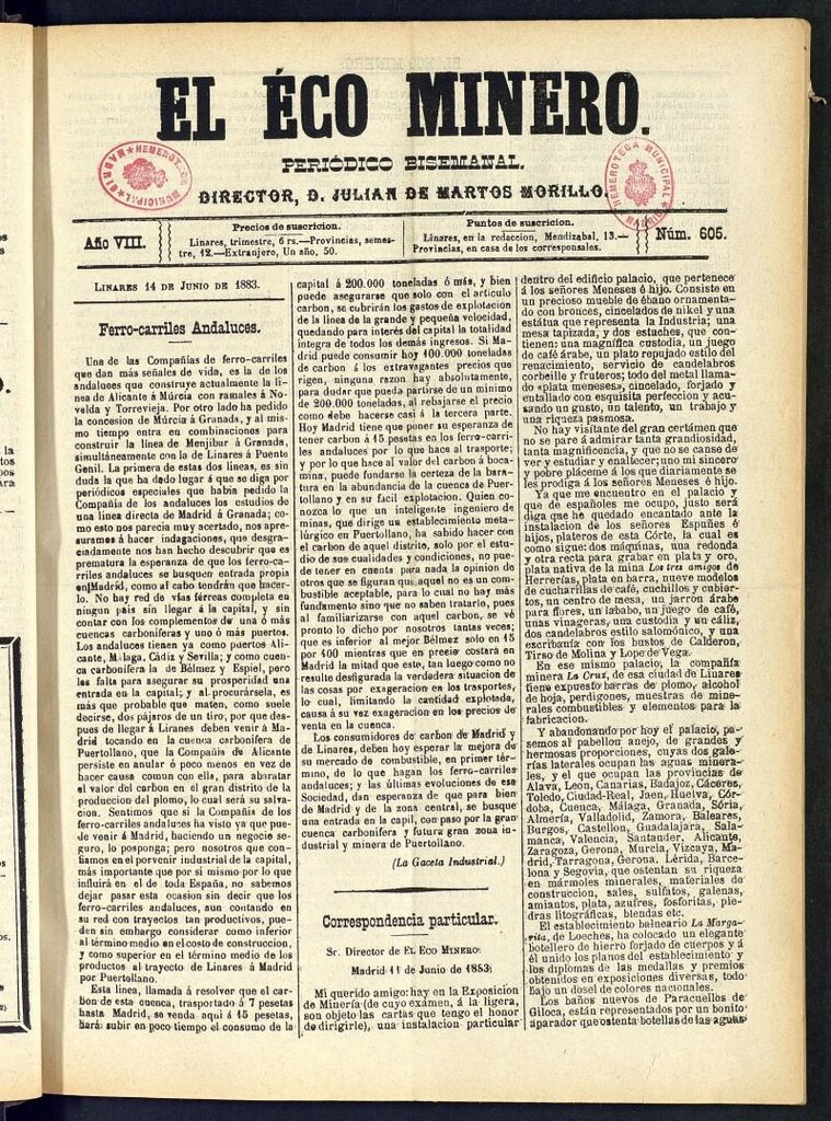 Miniatura de El Eco Minero : periódico bisemanal del 14 de junio de 1883, nº 605