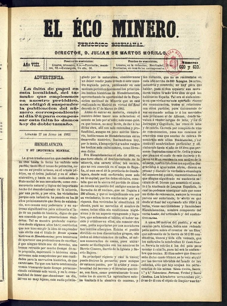 Miniatura de El Eco Minero : periódico bisemanal del 27 de junio de 1883, nº 609-610