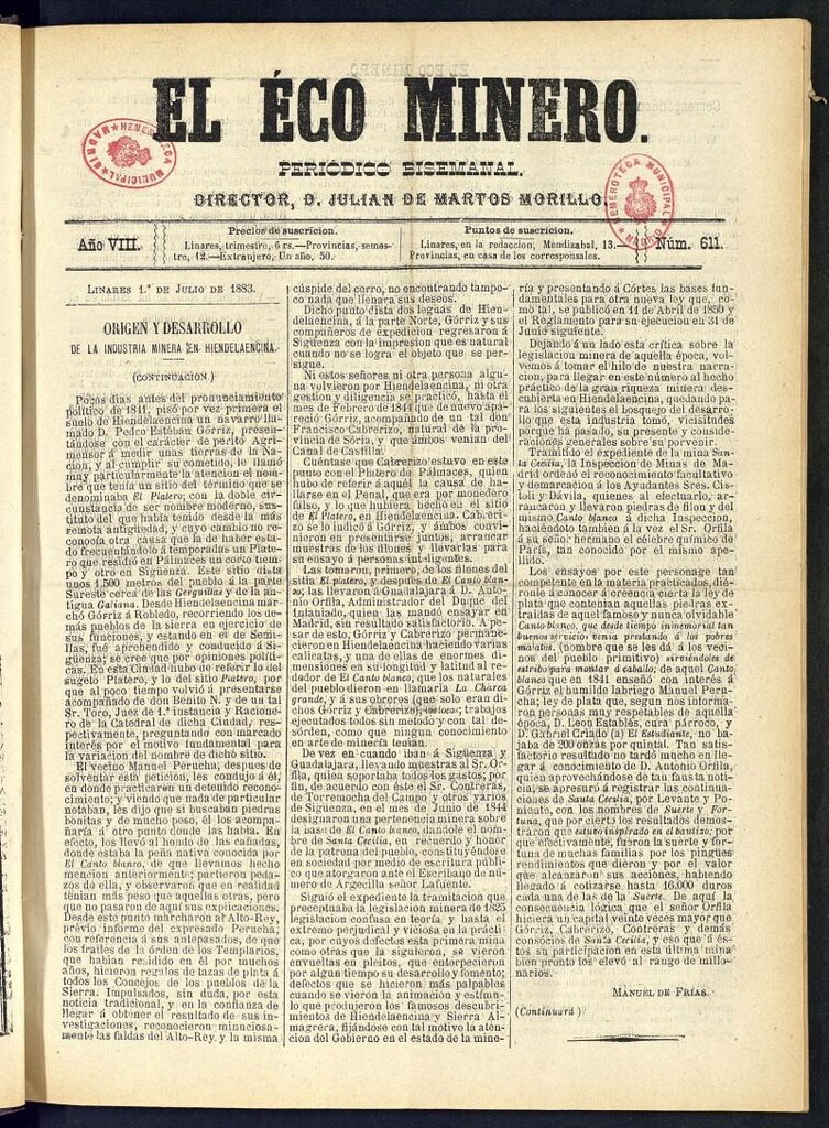Miniatura de El Eco Minero : periódico bisemanal del 1 de julio de 1883, nº 611