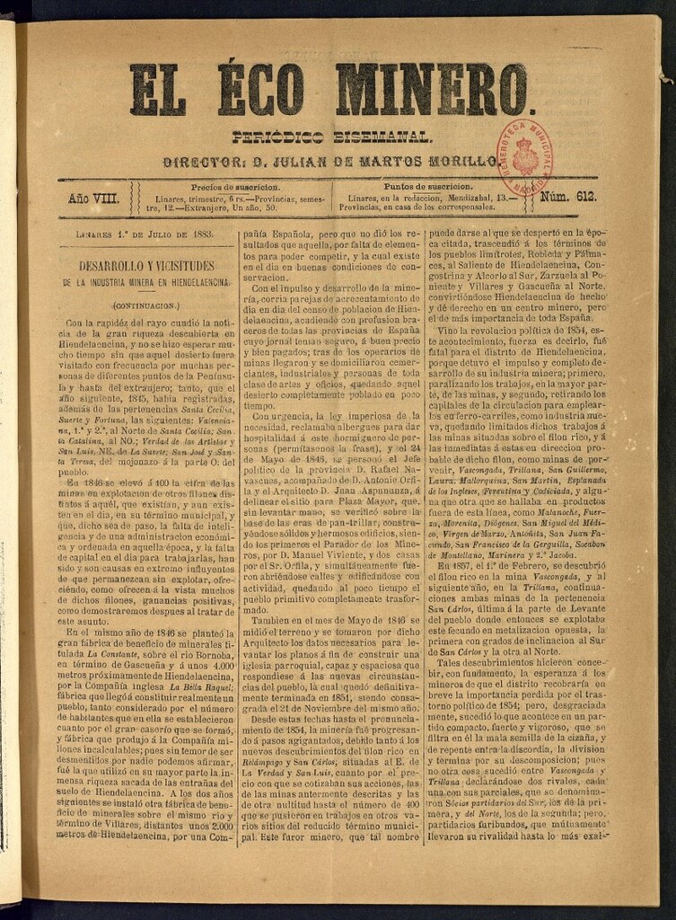 Miniatura de El Eco Minero : periódico bisemanal del 1 de julio de 1883, nº 612 [sic]