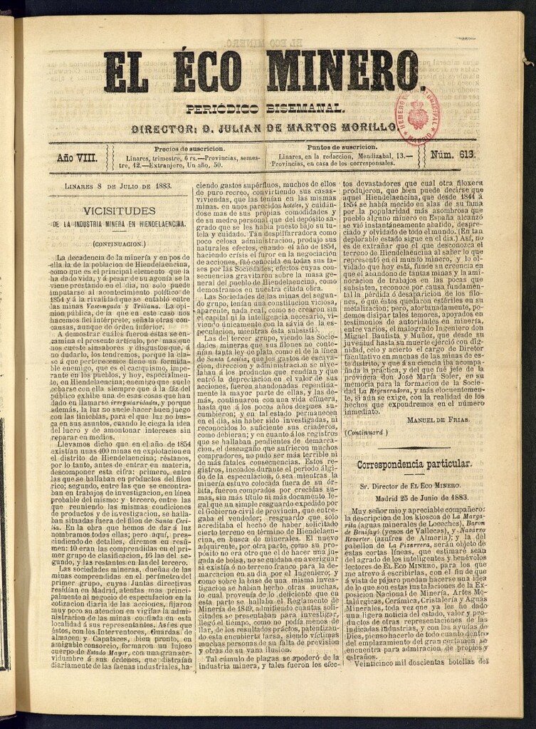 Miniatura de El Eco Minero : periódico bisemanal del 8 de julio de 1883, nº 613