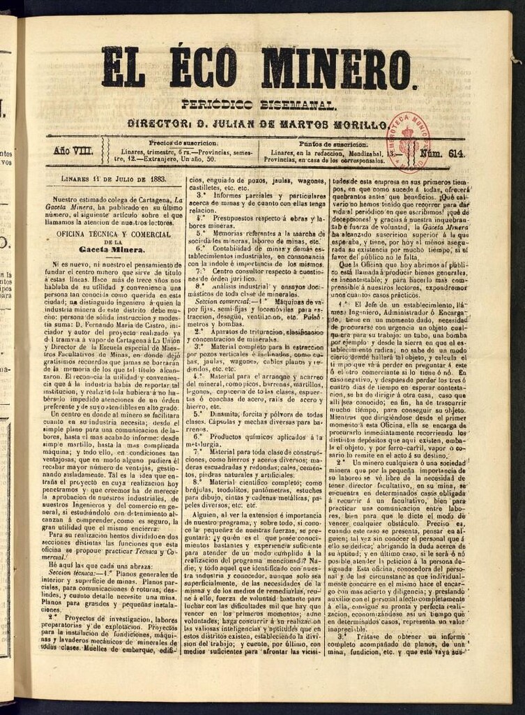 Miniatura de El Eco Minero : periódico bisemanal del 11 de julio de 1883, nº 614