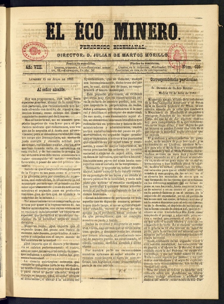 Miniatura de El Eco Minero : periódico bisemanal del 15 de julio de 1883, nº 615