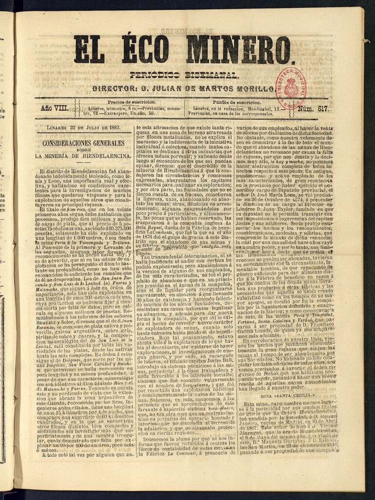 Miniatura de El Eco Minero : periódico bisemanal del 22 de julio de 1883, nº 617