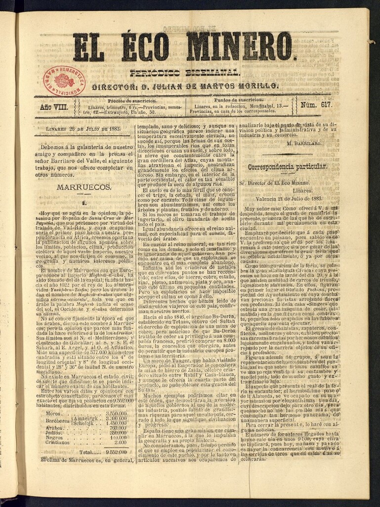 Miniatura de El Eco Minero : periódico bisemanal del 26 de julio de 1883, nº 617 [sic]