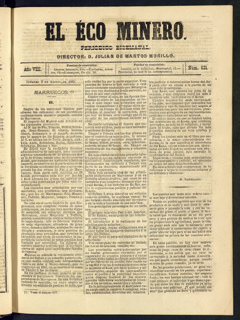 Miniatura de El Eco Minero : periódico bisemanal del 5 de agosto de 1883, nº 621