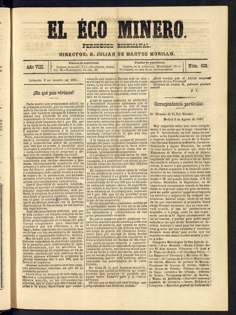 Miniatura de El Eco Minero : periódico bisemanal , de 9 de agosto de 1883, nº 622