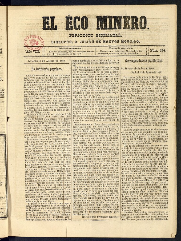 Miniatura de El Eco Minero : periódico bisemanal del 16 de agosto de 1883, nº 624