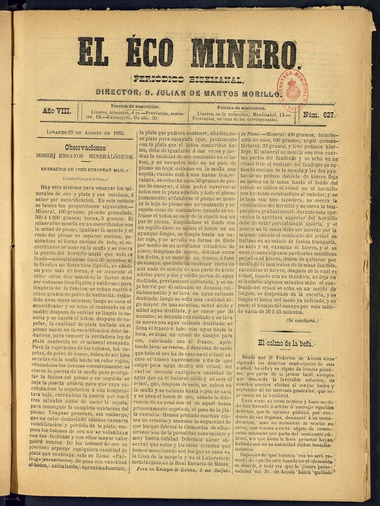 Miniatura de El Eco Minero : periódico bisemanal del 26 de agosto de 1883, nº 627