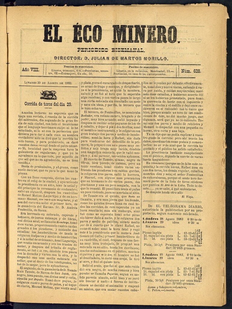 Miniatura de El Eco Minero : periódico bisemanal del 30 de agosto de 1883, nº 628