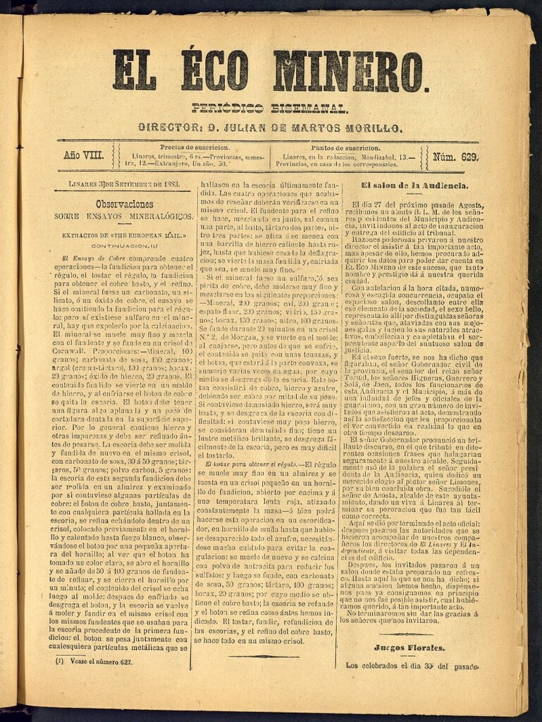 Miniatura de El Eco Minero : periódico bisemanal del 3 de septiembre de 1883, nº 629
