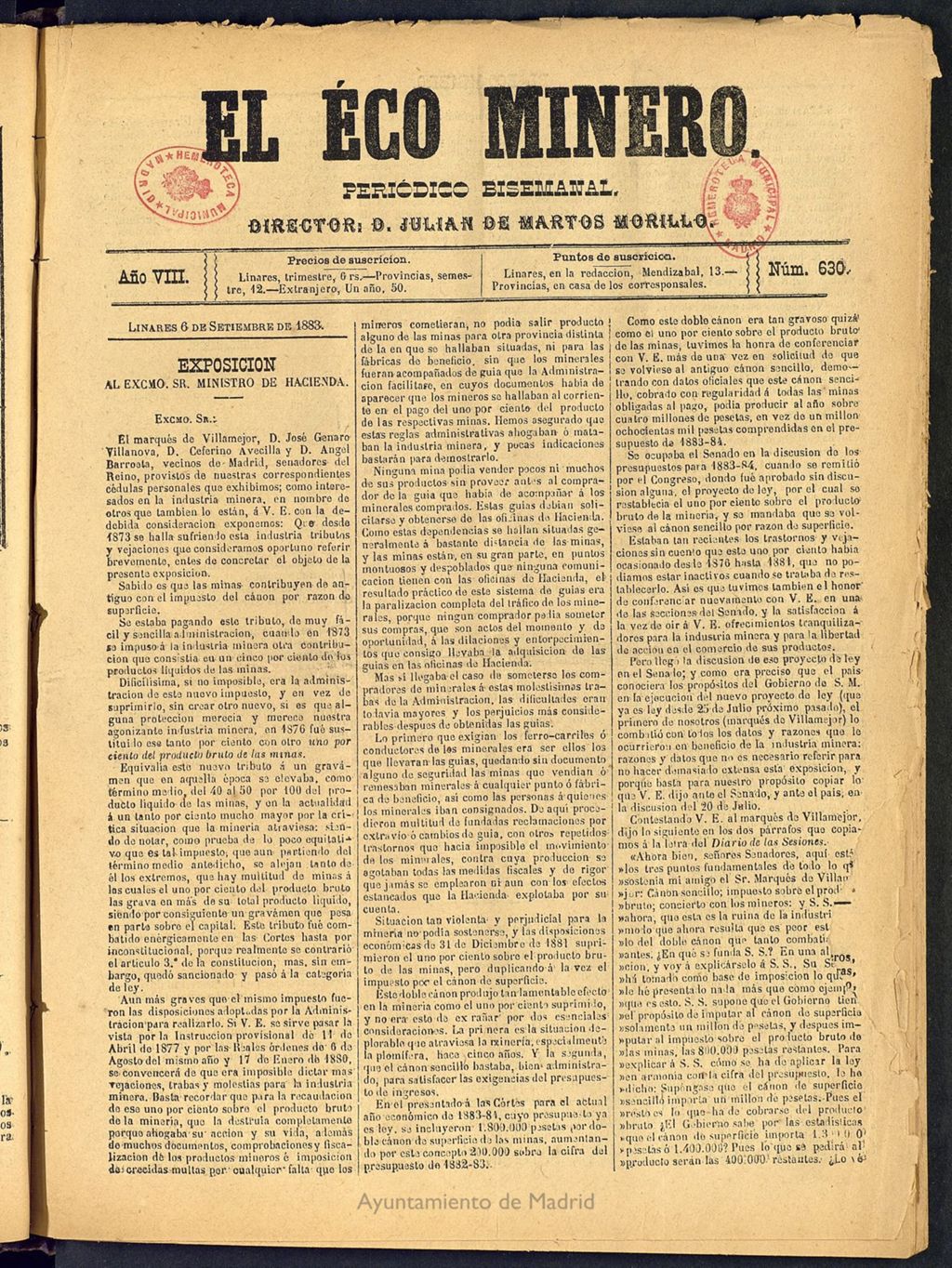 Miniatura de El Eco Minero : periódico bisemanal del 6 de septiembre de 1883, nº 630