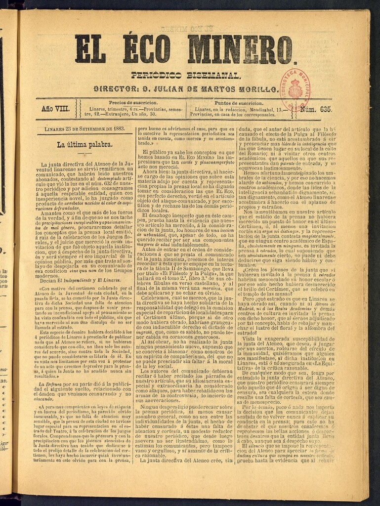 Miniatura de El Eco Minero : periódico bisemanal del 23 de septiembre de 1883, nº 635