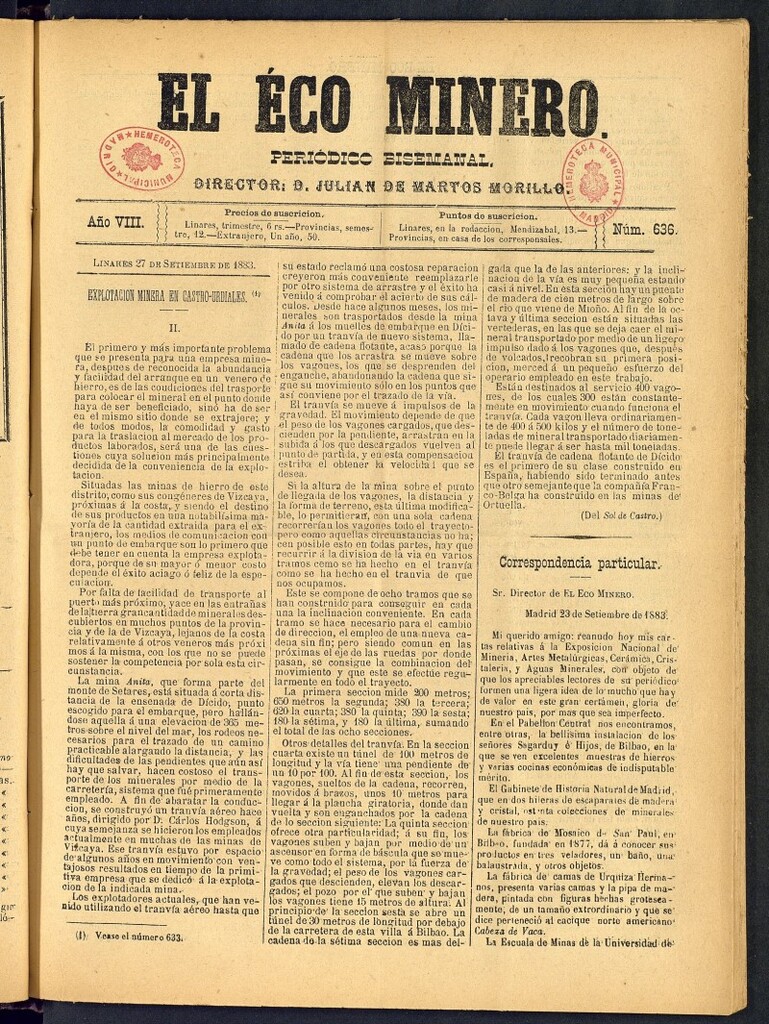 Miniatura de El Eco Minero : periódico bisemanal , de 27 de septiembre de 1883, nº 636