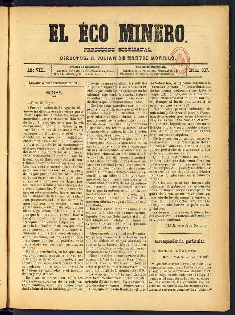 Miniatura de El Eco Minero : periódico bisemanal del 30 de septiembre de 1883, nº 637
