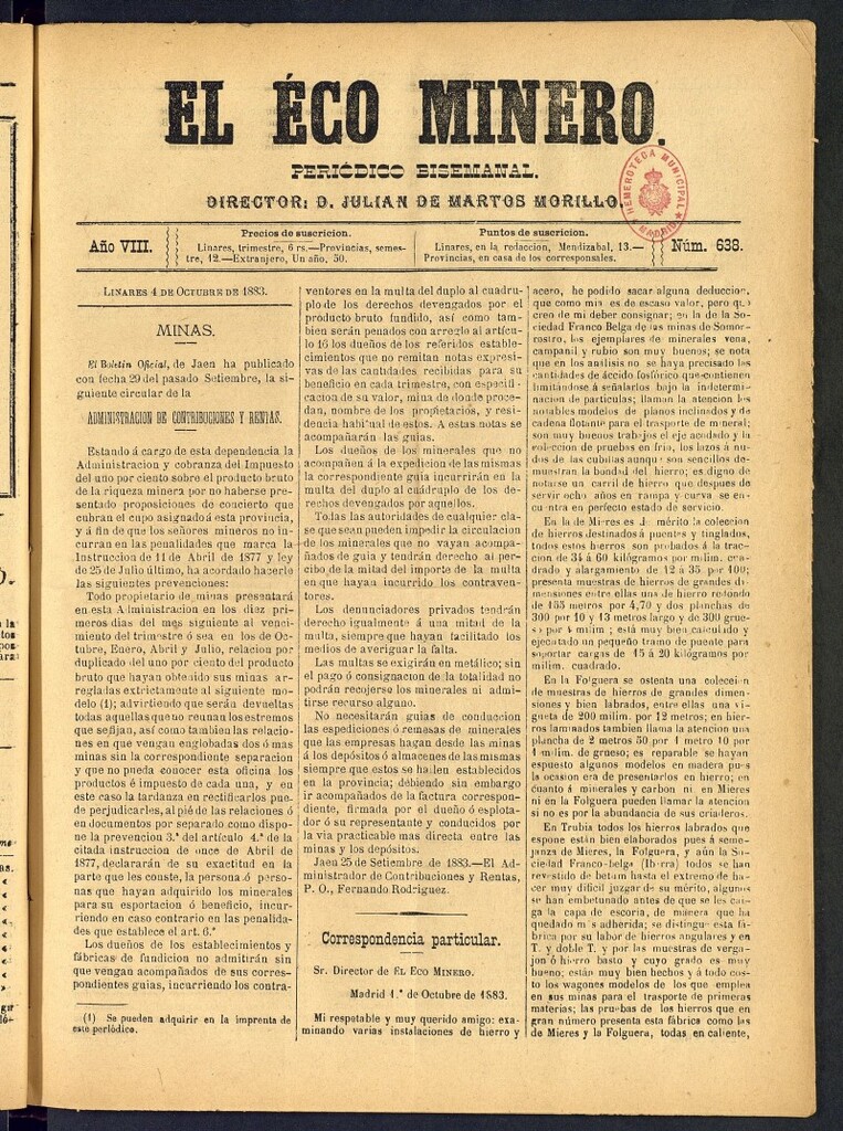 Miniatura de El Eco Minero : periódico bisemanal del 4 de octubre de 1883, nº 638